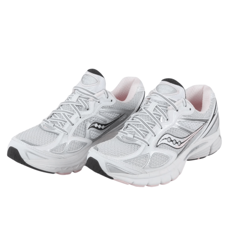 A pair of white athletic running shoes with black accents and mesh detailing, featuring a prominent logo design on the side.