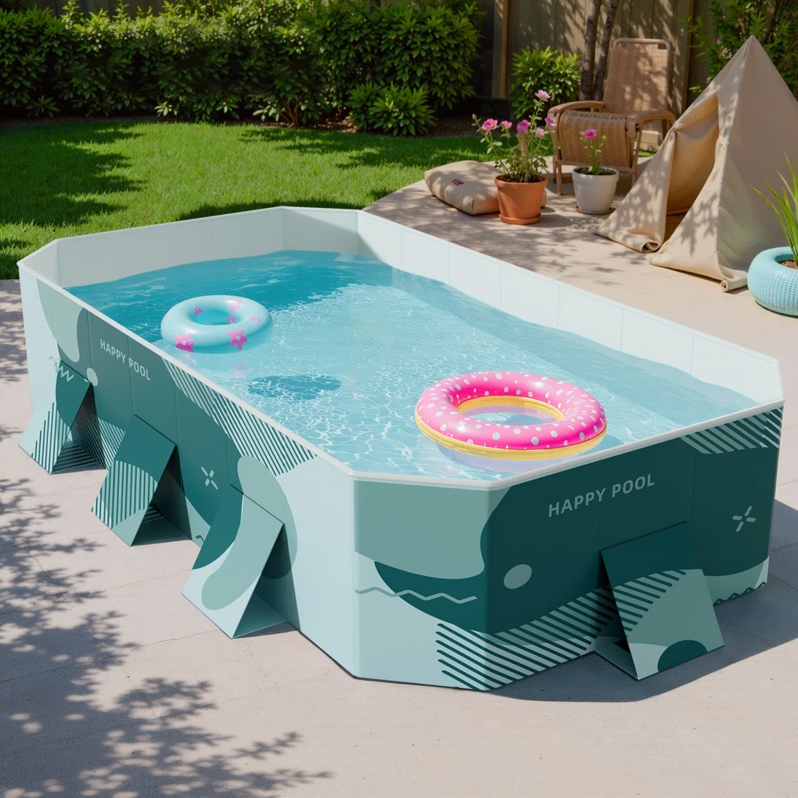 A compact, rectangular backyard pool labeled \“Happy Pool\“ with dolphin-themed prints, containing two inflatable swim rings—one blue with stars and one pink with white dots. The setup is in a garden with potted plants, a chair, and a teepee tent nearby.