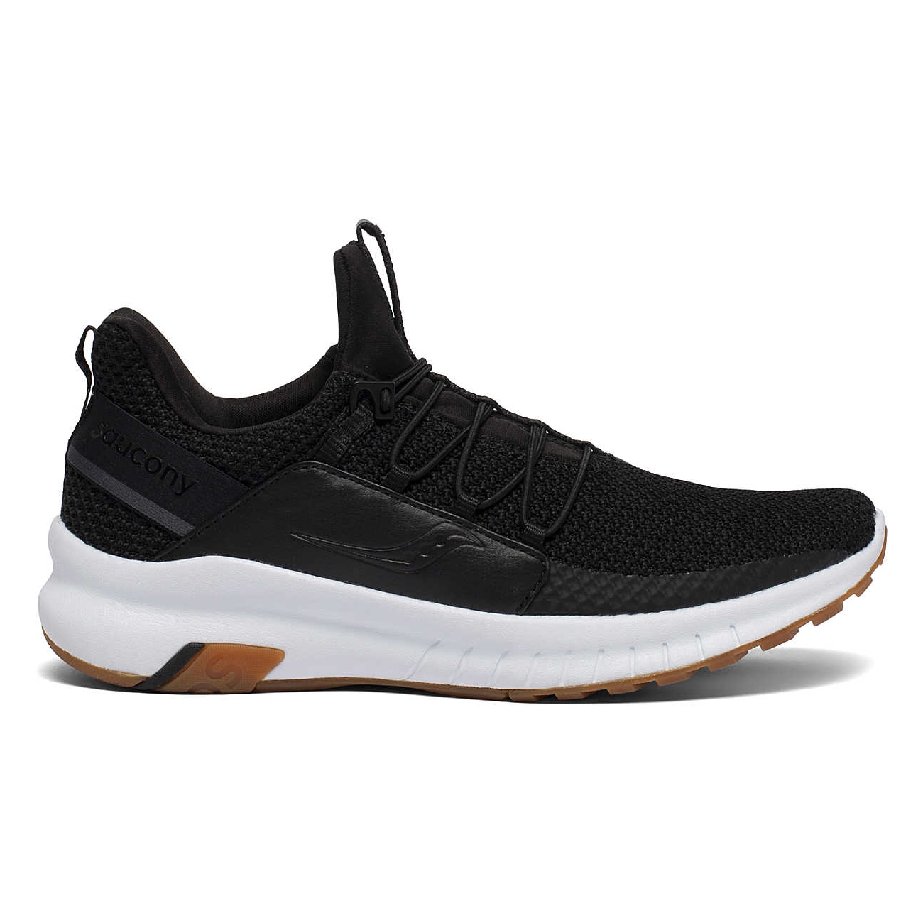 Saucony Stretch & Go Glide Shoes feature a sleek black knit upper with elastic lacing for easy slip-on wear, a white cushioned midsole, and a gum rubber outsole. They offer a modern, minimalist design with comfort and flexibility ideal for casual use.