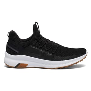 Saucony Stretch & Go Glide Shoes feature a sleek black knit upper with elastic lacing for easy slip-on wear, a white cushioned midsole, and a gum rubber outsole. They offer a modern, minimalist design with comfort and flexibility ideal for casual use.