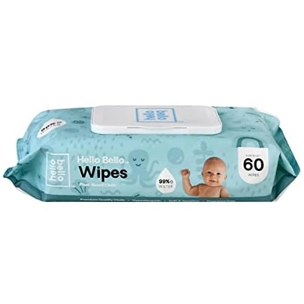 Hello Bello Wipes, 60 count, made with 99% water, featuring a baby on the packaging.