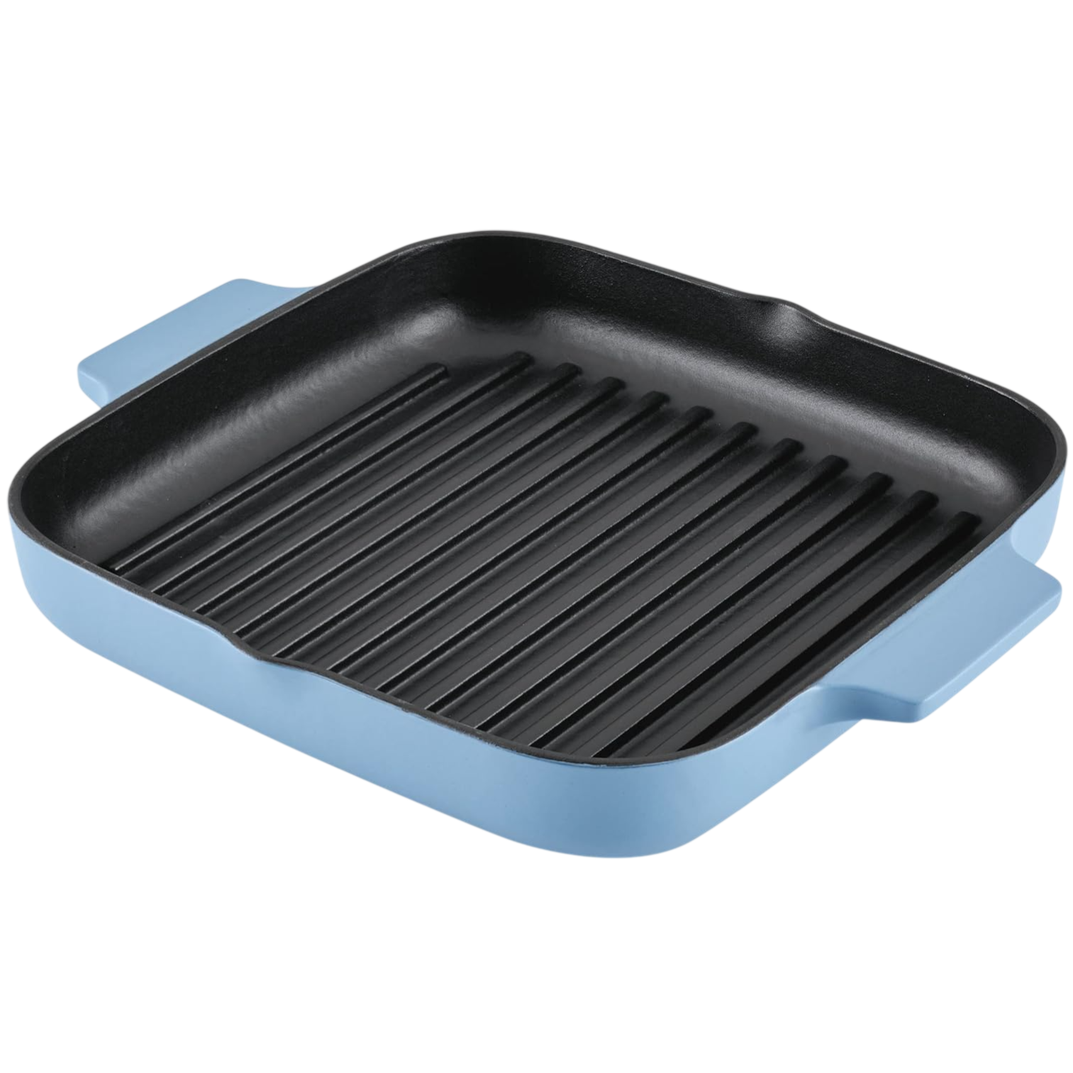 Square blue cast iron grill pan with a ridged surface and two side handles, designed for indoor grilling.