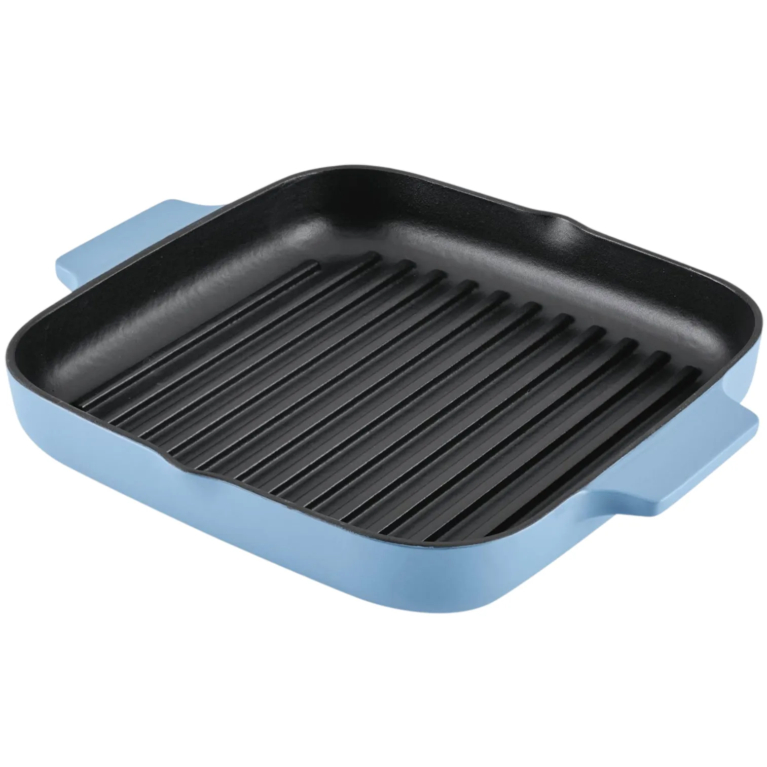 Square blue cast iron grill pan with a ridged surface and two side handles, designed for indoor grilling.