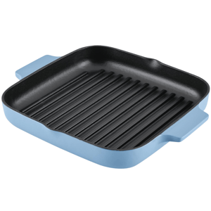 Square blue cast iron grill pan with a ridged surface and two side handles, designed for indoor grilling.