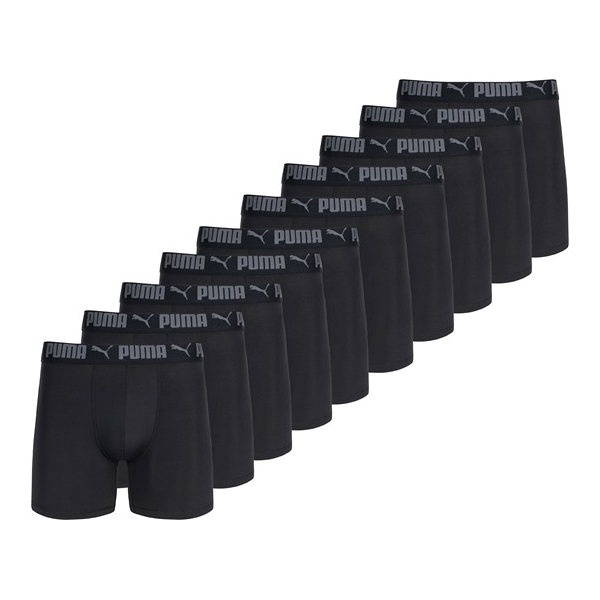 A pack of 10 black Puma boxer briefs with \“Puma\“ branding on the waistband in a gray color.