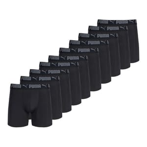 A pack of 10 black Puma boxer briefs with \“Puma\“ branding on the waistband in a gray color.