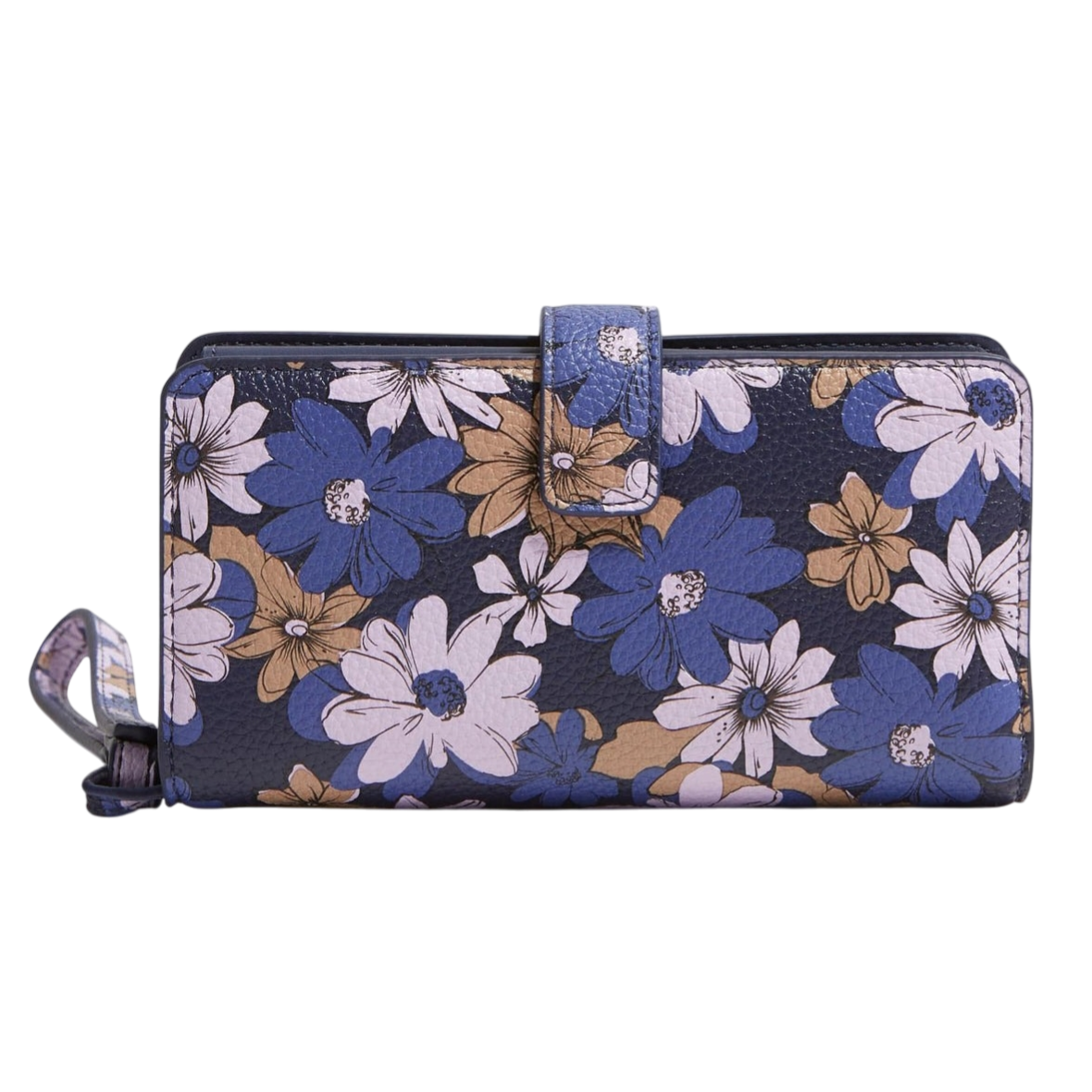 A wallet with a floral design featuring blue, white, and tan flowers on a textured surface. It has a strap closure and a wristlet attachment.