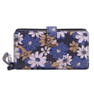 A wallet with a floral design featuring blue, white, and tan flowers on a textured surface. It has a strap closure and a wristlet attachment.