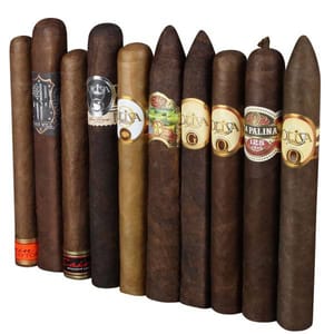 A selection of cigars with distinct labels representing various brands and styles, showcasing diverse sizes and wrapper colors.