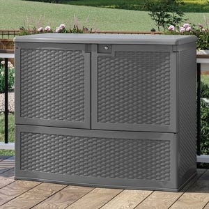 Outdoor storage cabinet with a wicker-style texture in gray, suitable for patio or garden use.