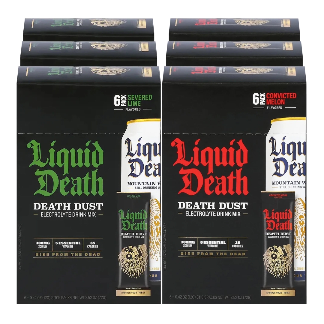 Liquid Death Death Dust Electrolyte Drink Mix in Severed Lime and Convicted Melon flavors, each pack contains six 0.42 oz (12g) stick packs.