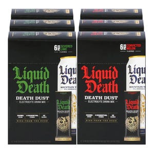 Liquid Death Death Dust Electrolyte Drink Mix in Severed Lime and Convicted Melon flavors, each pack contains six 0.42 oz (12g) stick packs.
