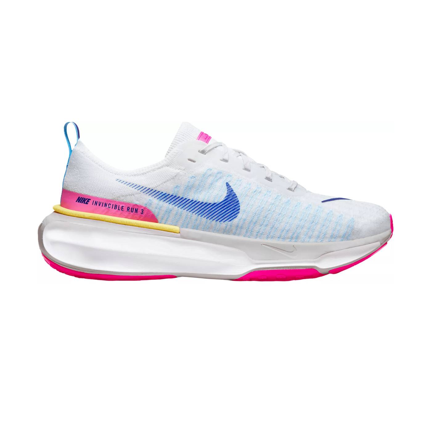 A white and blue Nike running shoe with a pink sole and a yellow accent.