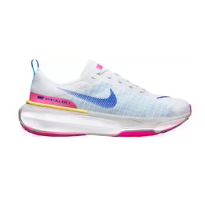 A white and blue Nike running shoe with a pink sole and a yellow accent.
