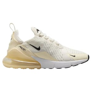 A beige Nike Air Max 270 sneaker with a prominent air cushion in the heel, featuring a black swoosh logo and white sole.