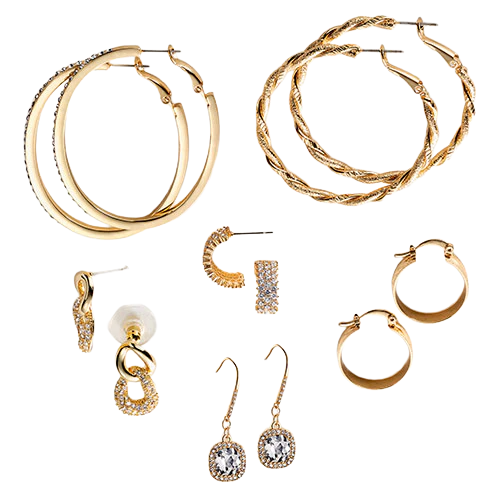 A set of gold-toned earrings featuring two pairs of large hoop earrings, a twisted rope design, and a thick smooth design. Includes smaller hoops, crystal-accented studs, and a pair of dangle earrings with clear gemstones.