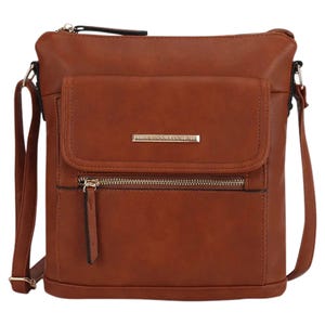 Brown crossbody bag with a front zippered pocket and a flap featuring a metallic logo plate, adjustable shoulder strap, and sleek design.