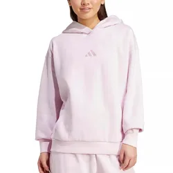 A light pink Adidas hoodie with a small logo on the chest is shown, worn with matching sweatpants.
