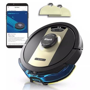 Refurbished Shark Robot Vacuum, 2-in-1 with Matrix Mop technology, accompanied by a smartphone app for control and two additional filters shown.