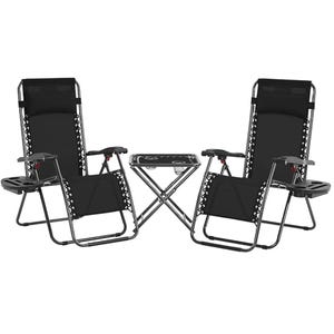 A set featuring two black zero gravity chairs with adjustable headrests and side tray tables, accompanied by a small folding table. The chairs have a metal frame and a bungee-cord support system, designed for outdoor relaxation.