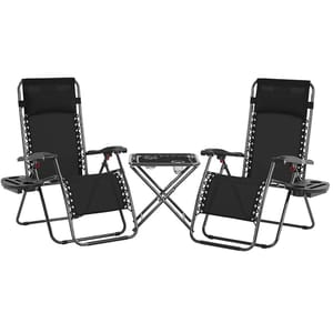 A set featuring two black zero gravity chairs with adjustable headrests and side tray tables, accompanied by a small folding table. The chairs have a metal frame and a bungee-cord support system, designed for outdoor relaxation.