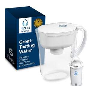 Brita Original water pitcher with a filter included, designed to provide great-tasting water by reducing chlorine and other contaminants. Capacity: 6 cups.