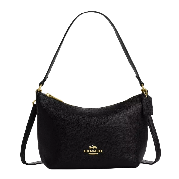 A black leather Coach Outlet shoulder bag with gold-tone hardware, featuring a zip closure and logo on the front. It includes a detachable shoulder strap and a tag for added style.