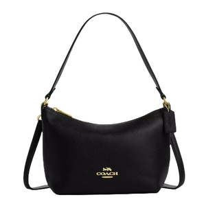 A black leather Coach Outlet shoulder bag with gold-tone hardware, featuring a zip closure and logo on the front. It includes a detachable shoulder strap and a tag for added style.