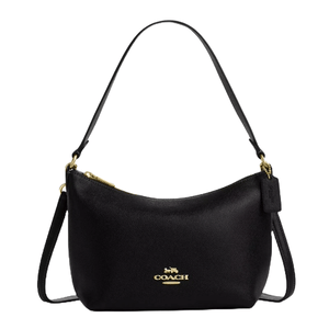 A black leather Coach Outlet shoulder bag with gold-tone hardware, featuring a zip closure and logo on the front. It includes a detachable shoulder strap and a tag for added style.