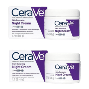 CeraVe Skin Renewing Night Cream, featuring a peptide complex with essential ceramides and niacinamide, designed to soften and renew tired skin overnight. Pack size: 1.7 oz (48 g).