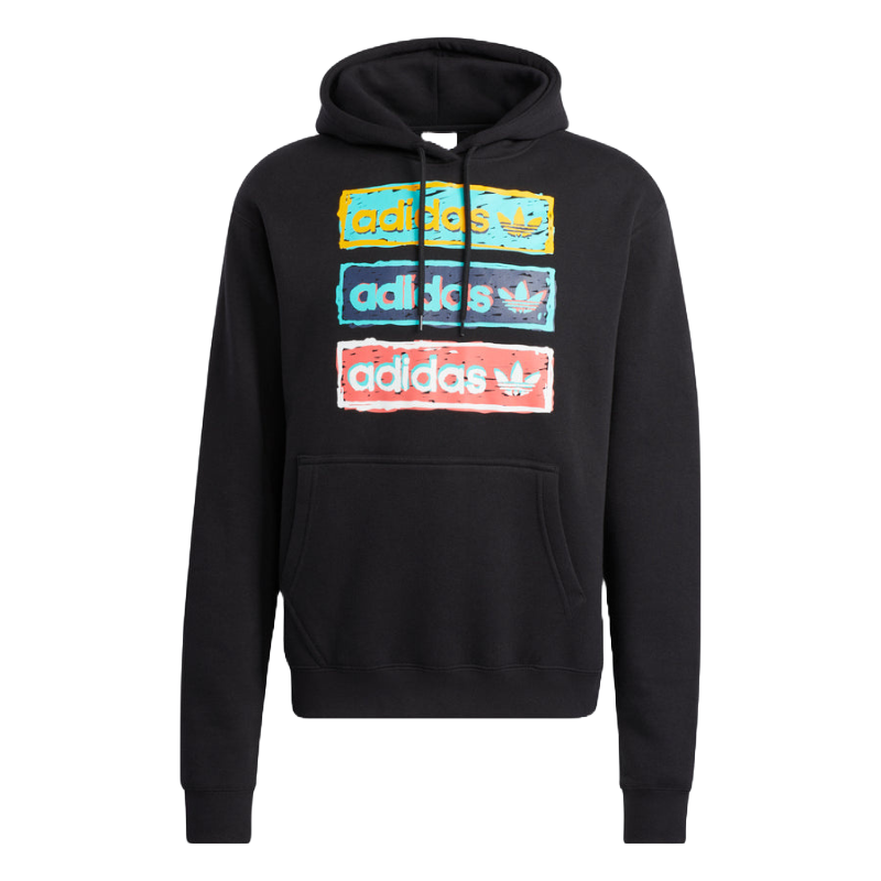 This is a black Adidas men's hoodie with a multicolored Adidas logo graphic displayed in a stacked pattern on the chest.