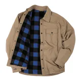 A beige button-up jacket with a single chest pocket, featuring a blue and black checkered flannel lining.