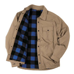 A beige button-up jacket with a single chest pocket, featuring a blue and black checkered flannel lining.