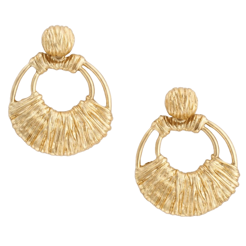 Goldtone doorknocker earrings with a textured circular design, featuring a rounded stud at the top and a wrapped-style finish.