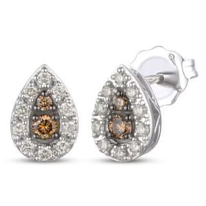Teardrop-shaped earrings with a central cluster of brown stones, surrounded by smaller clear stones set in a silver-toned metal.