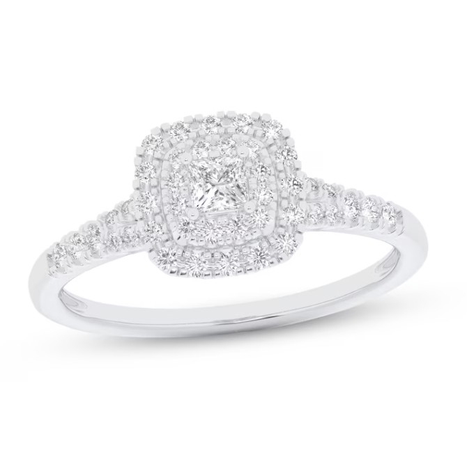 Diamond engagement ring with a square halo design, featuring a cushion-cut center stone and a band adorned with smaller diamonds.