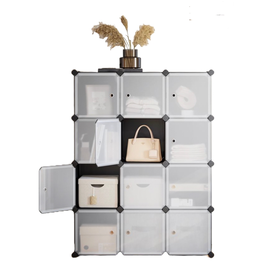 A modular 12-cube storage unit with semi-transparent doors, holding items like towels, a handbag, and storage boxes. It features a minimalist design with a dark frame and rounded connectors, and is topped with a decorative vase with dried plants.