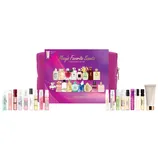 A Macy's Favorite Scents sampler set for her, featuring various perfume samples arranged in front of a pink pouch, alongside a bonus gift.