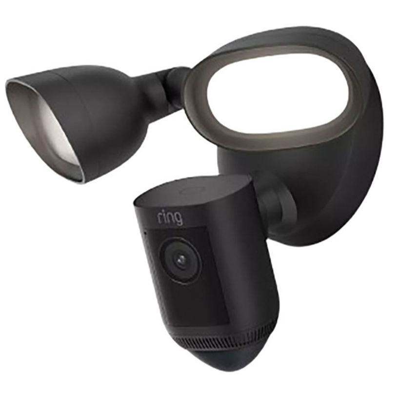 A Ring floodlight security camera in a black finish featuring dual lights and a central camera for outdoor home surveillance.