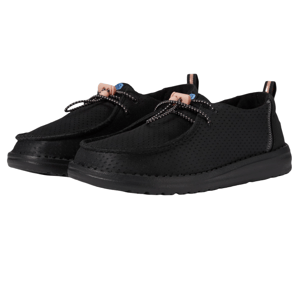 The Hey Dude Wendy Perf Sport Shoes are black, low-top casual shoes with perforated uppers, lace-up closure, and padded soles for comfort.