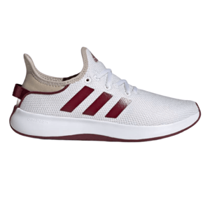 White Adidas sneakers with maroon stripes and a beige heel area, featuring a \“cloudfoam\“ sole.