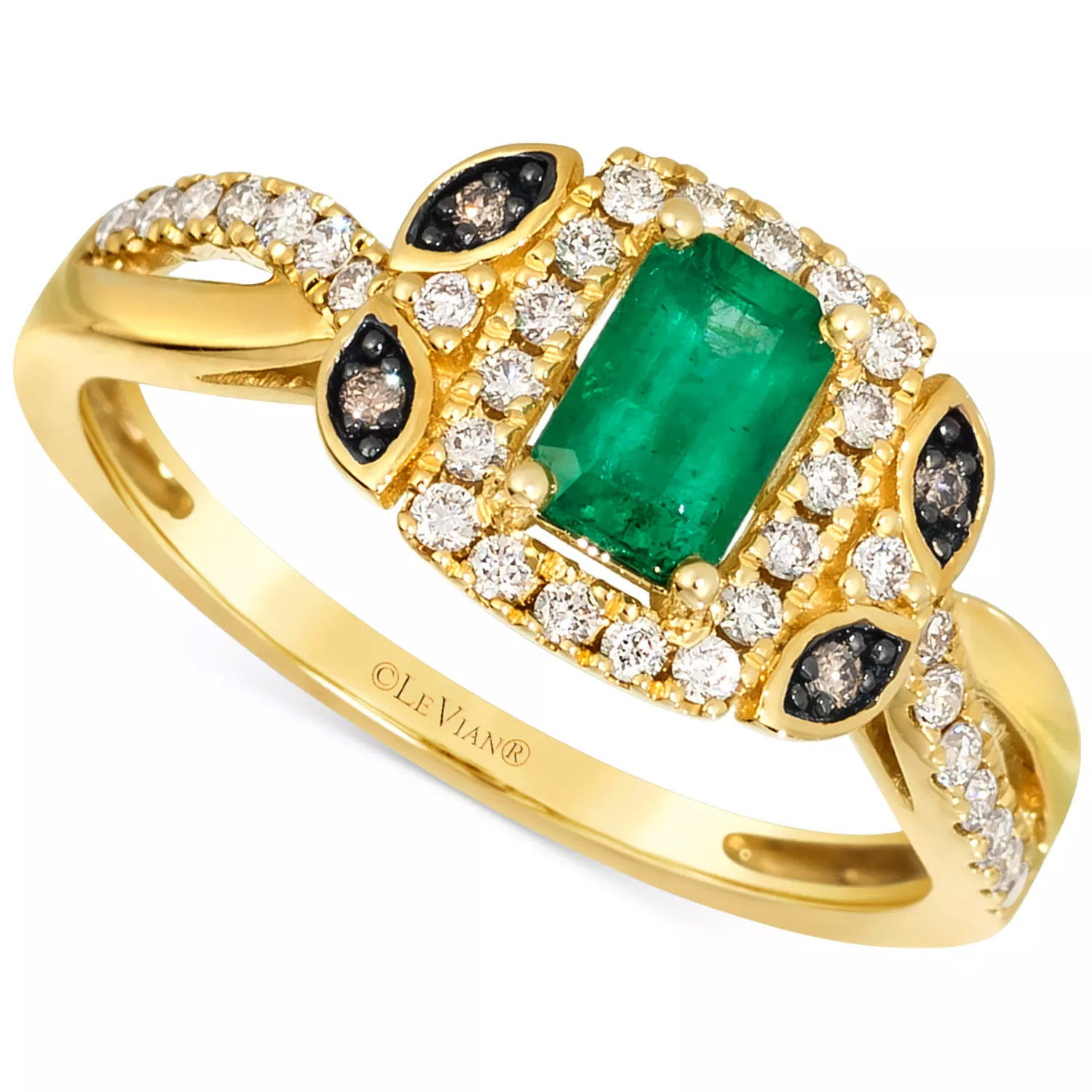 A gold ring featuring a rectangular emerald center stone, surrounded by white and dark diamonds, set in a decorative design.