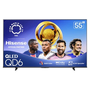 Hisense QLED QD6 55\“ TV, featuring Club World Cup branding and players, offers QLED Color, Dolby Vision-Atmos, and AI 4K Upscaler.
