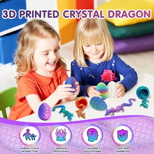 Two children play with colorful, 3D printed crystal dragon toys that include a dragon figure inside an egg. Icons highlight features like parent-child interaction, dragon enthusiasts, educational benefits, and safety.