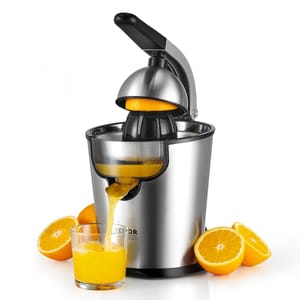 The Vevor Electric Citrus Juicer is a stainless steel juicer with a lever-operated press, designed for extracting juice from citrus fruits like oranges. It features a spout for pouring juice directly into a glass.