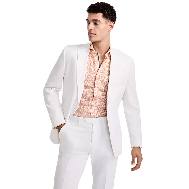 A white linen suit jacket with a classic design, featuring a notched lapel, two-button closure, and two front pockets, paired with matching trousers and a patterned peach shirt underneath.
