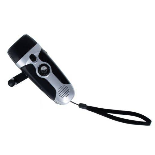 A handheld wind-up flashlight with a black and silver design, featuring a hand crank, lanyard, and built-in compass.