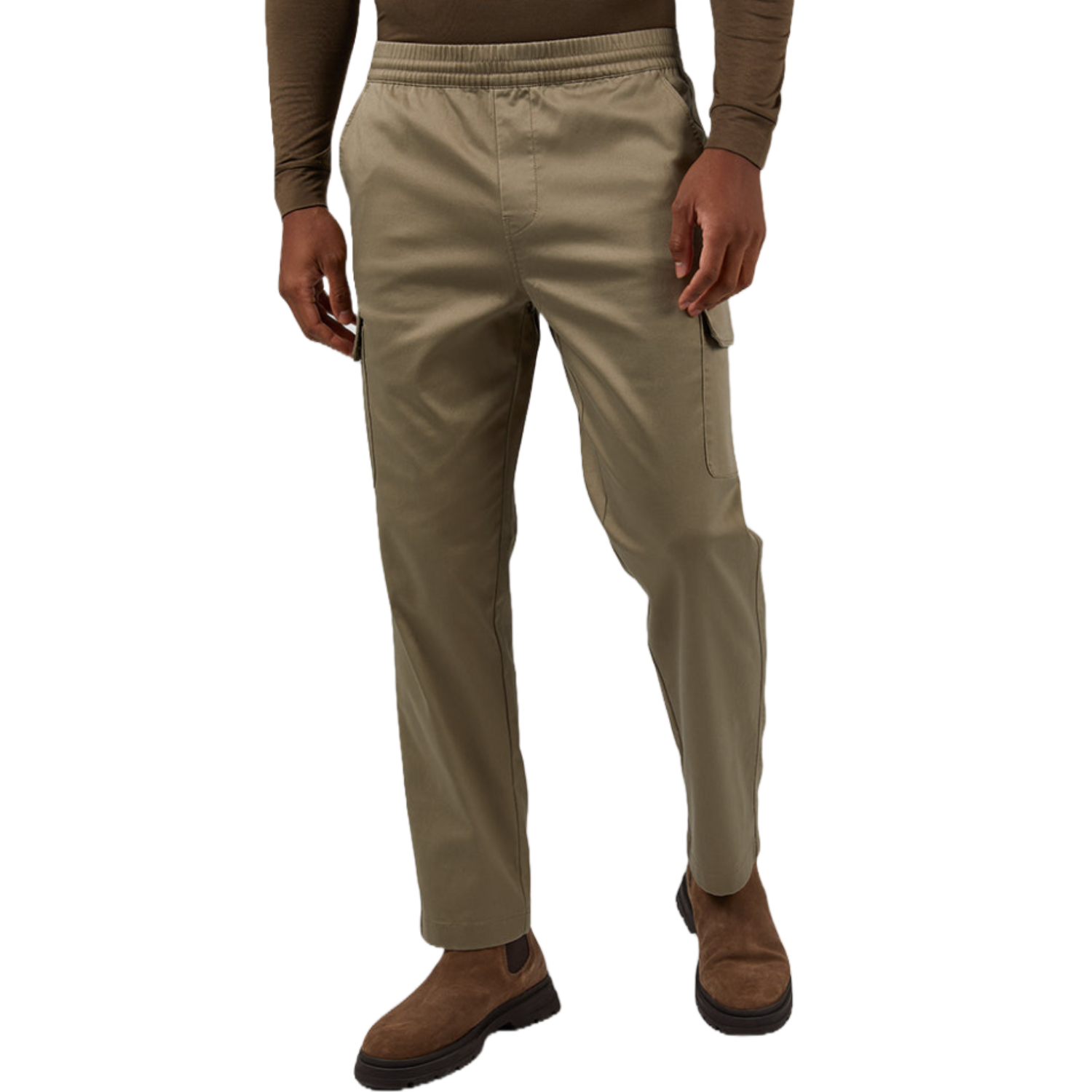 Khaki pull-on cargo pants with an elastic waistband, side pockets, and straight-leg design, paired with brown suede boots.