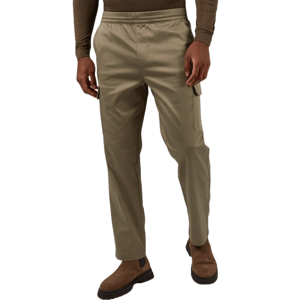 Khaki pull-on cargo pants with an elastic waistband, side pockets, and straight-leg design, paired with brown suede boots.