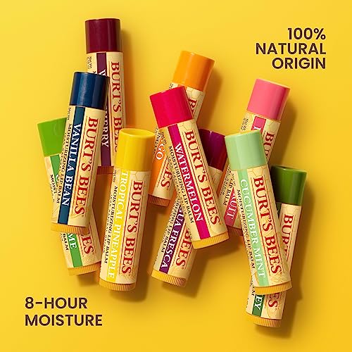 Burt's Bees lip balms in various flavors, emphasizing 100% natural origin and 8-hour moisture.